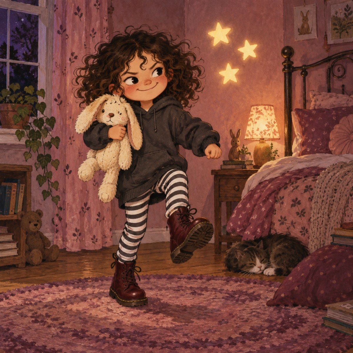 Harvie in her boots holding Bunny beside her bed, surrounded by warm lights and glow stars.
