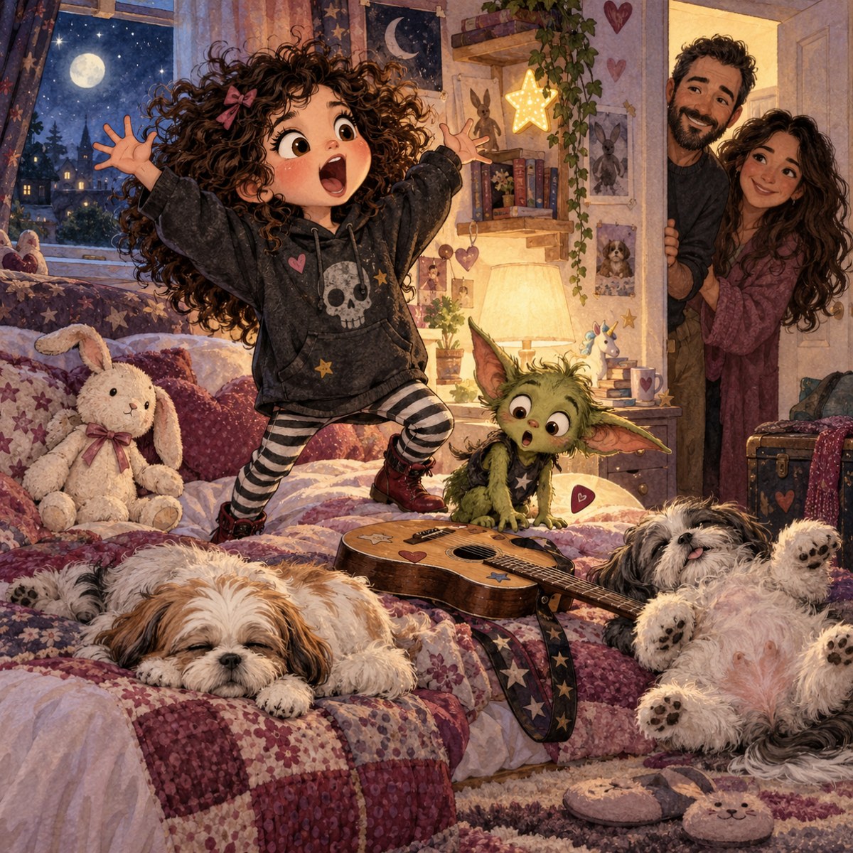 Harvie declaring her bedtime rebellion, with Pickles, Bunny, Babu, Pepé, Mom, and Dad.