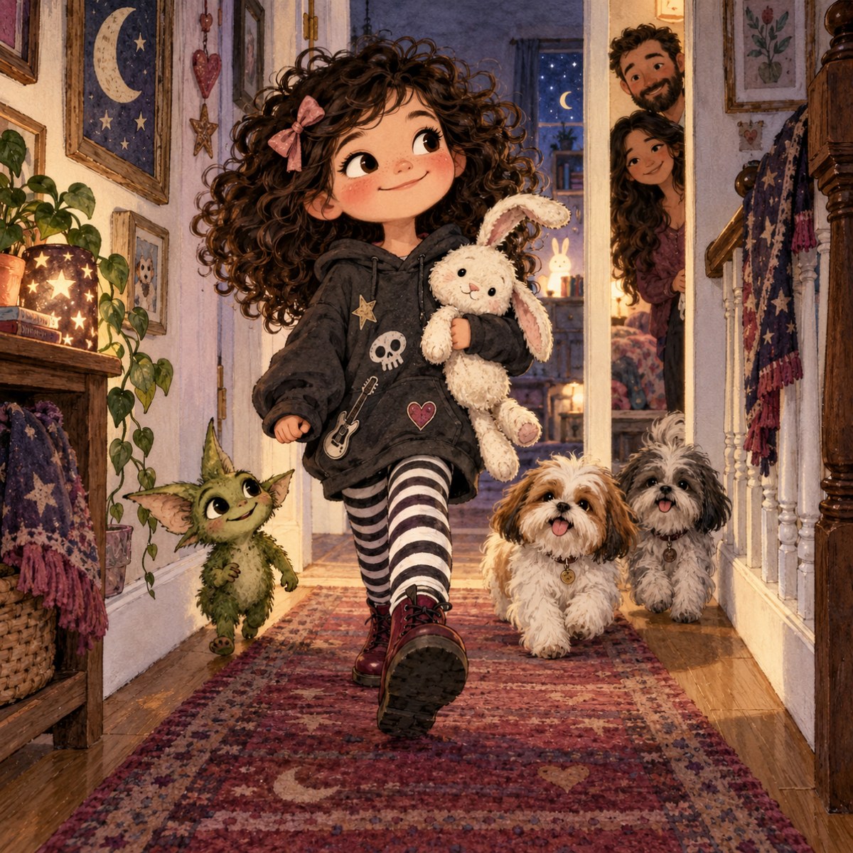 Harvie marching down the hallway with Bunny, followed by Pickles and the dogs.