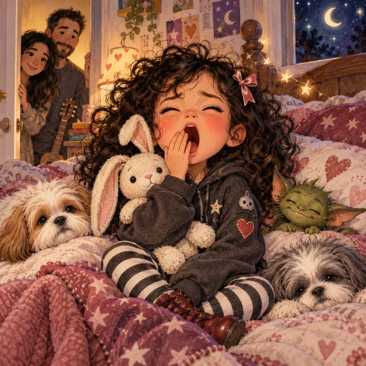 Harvie yawning with Bunny and her sleepy companions on the couch.