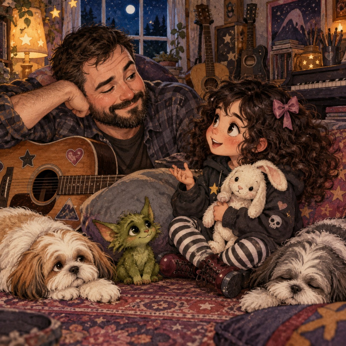 Dad smiling at Harvie beside his guitar, with Bunny, Pickles, Babu, and Pepé.